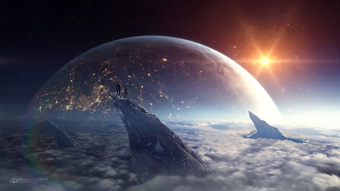 Couple on a rocky outcrop overlooking a planet