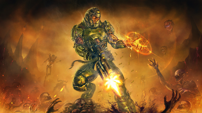 Doom Slayer fighting demons in hell