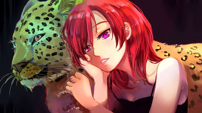 Anime girl with red hair and a leopard