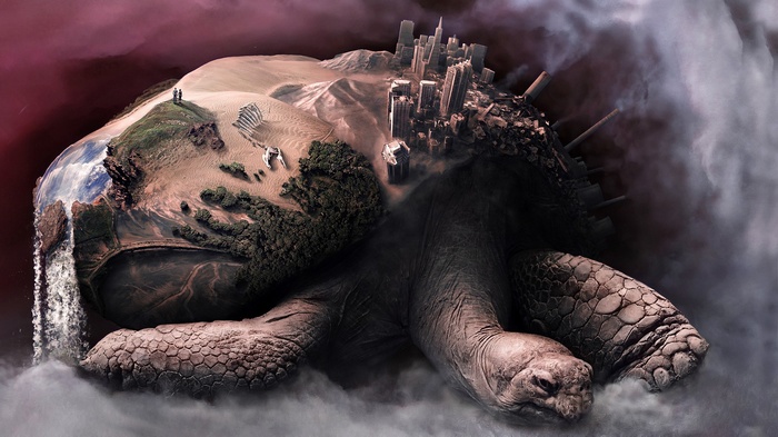 Giant turtle carrying a world with a cityscape and desert