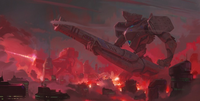 Giant robot firing weapon over red city