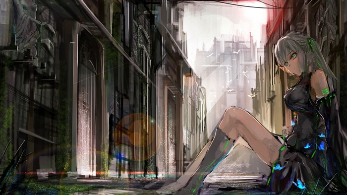 Anime girl with green eyes sitting in ruins