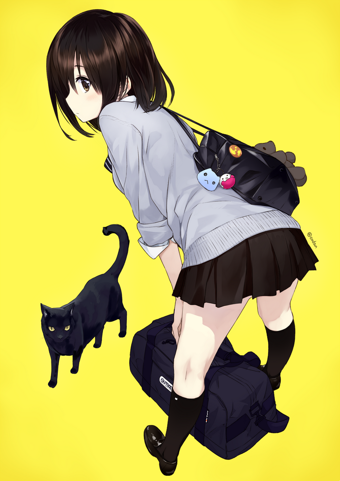 Anime girl with black cat and luggage
