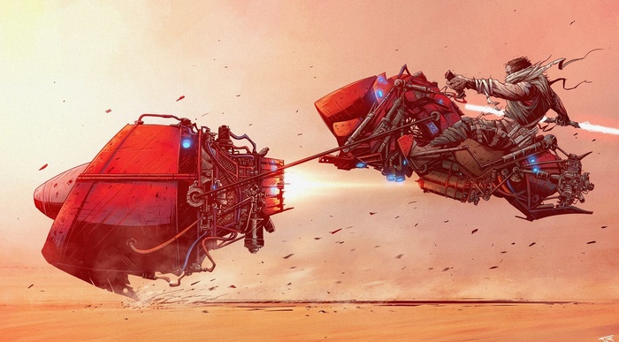 Man riding a futuristic speeder bike in a desert