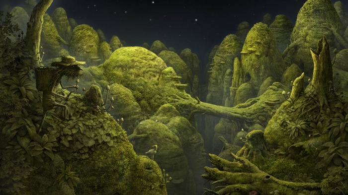 Fantasy forest landscape with moss-covered hills and a creature