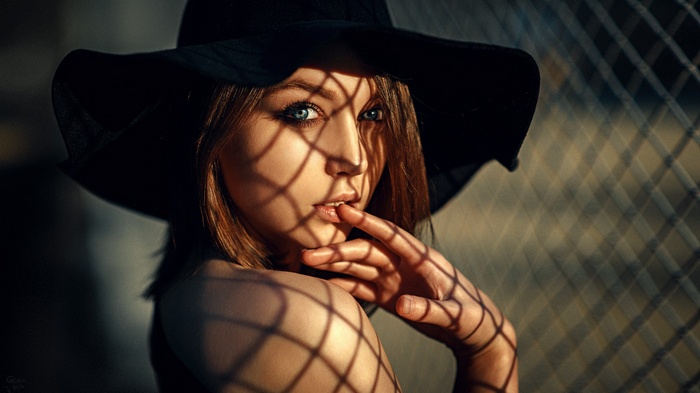 finger in mouth, blue eyes, portrait, face, hat, Georgy Chernyadyev, fence, women, model, shadow, Olya Pushkina, brunette, bare shoulders