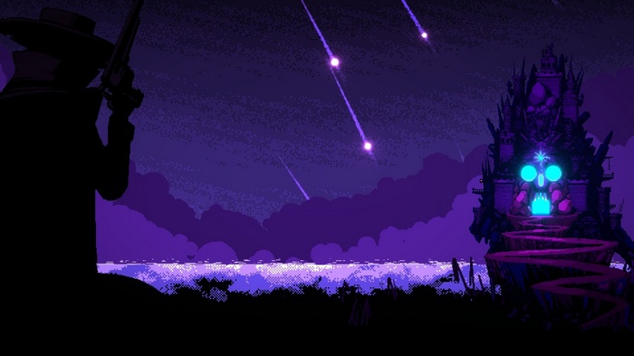 Enter the Gungeon pixel art with cowboy and skull castle