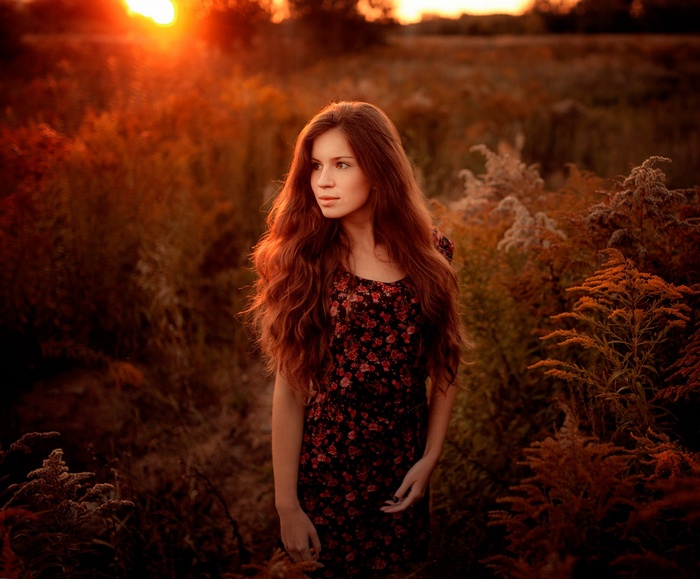 Woman with long red hair in a field at sunset