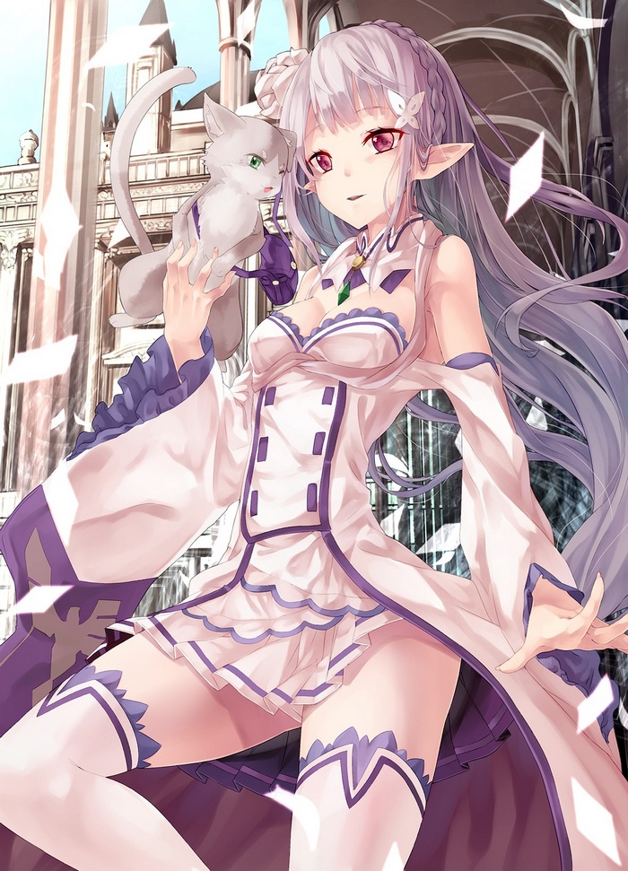 Emilia holding Puck with a cat in a white and purple dress