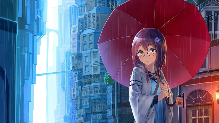 Anime girl with glasses holding umbrella in rain