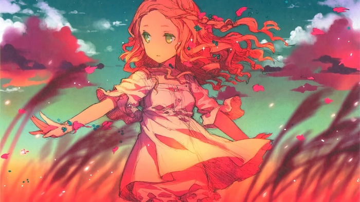 Anime girl with red hair and green eyes in a field