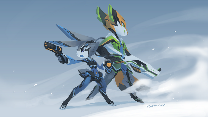 Robotic fox and rabbit characters in a snowy landscape