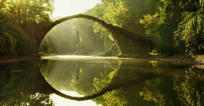 Rakotzbrücke bridge reflection in a forest lake