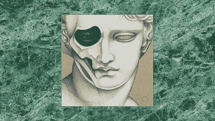 Bust of a classical statue with skull exposed