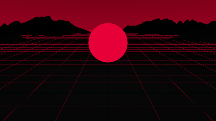 Retro grid landscape with red sun and mountains