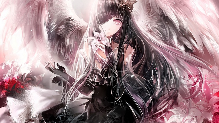 white background, long hair, anime, original characters, fantasy art, wings, black hair, looking at viewer, brunette, dress, black dress, anime girls, angel