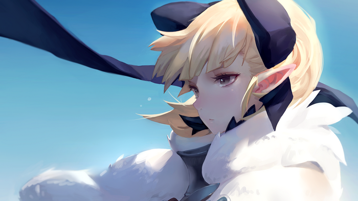 Elf girl with blonde hair and blue sky