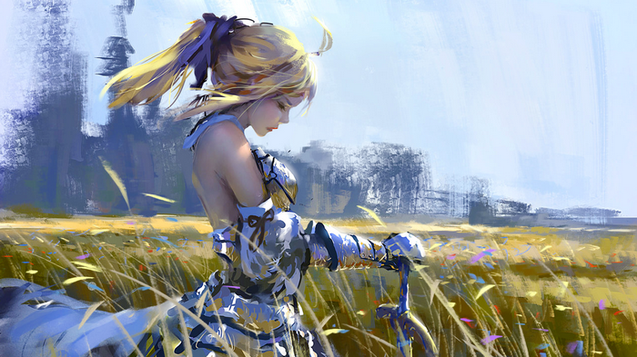 Saber Lily in armor standing in a field