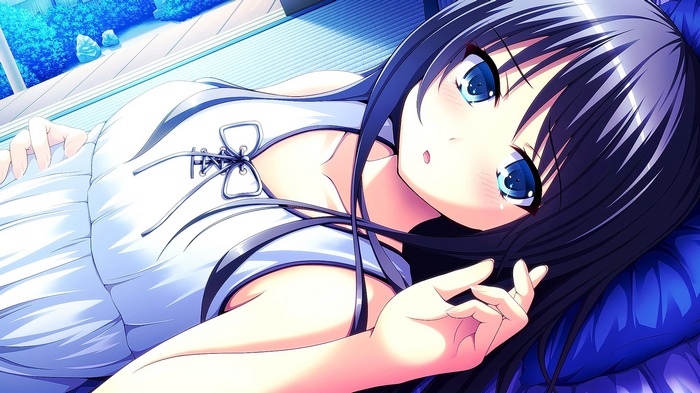 Anime girl with long dark hair and blue eyes