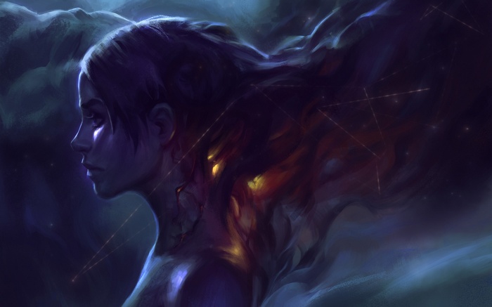 Artwork of a woman with flowing hair and constellations