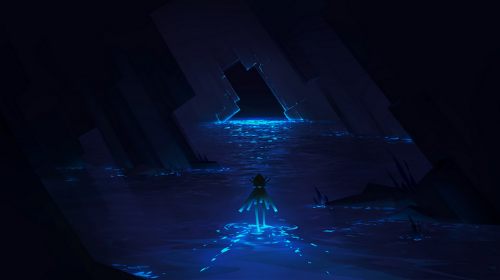 A lone figure stands in a glowing blue cave.