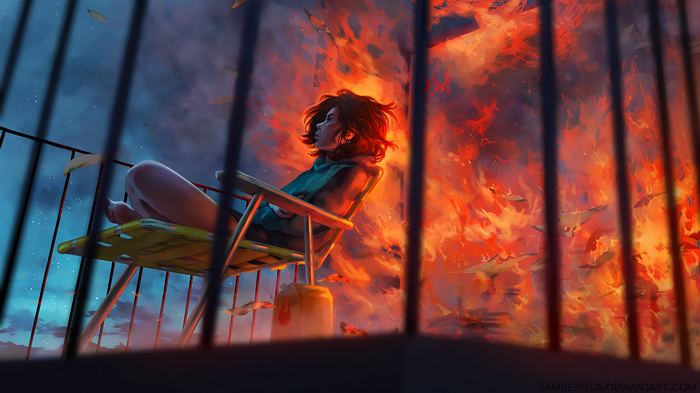 Woman sits on a chair watching a large fire