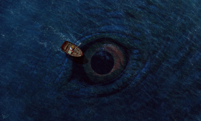 A boat sails near the giant eye of a sea creature