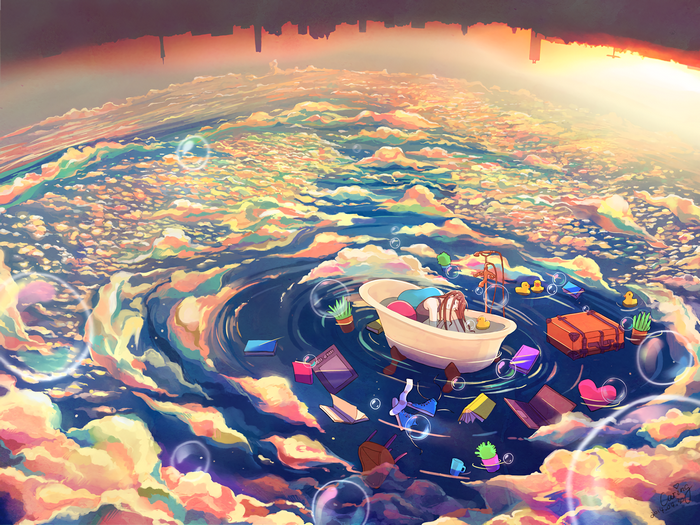 Woman in bathtub floating on clouds with city skyline above