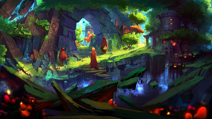 Fantasy forest ruins with robed figures