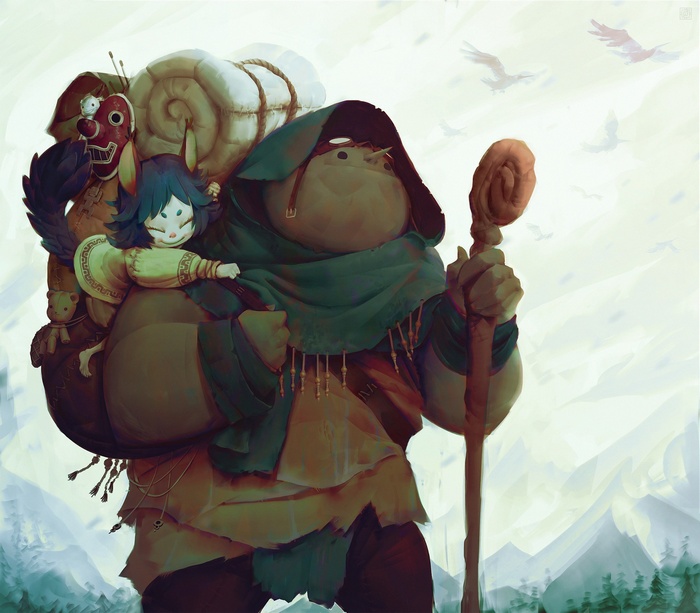 Fantasy art of a neko loli with a large companion