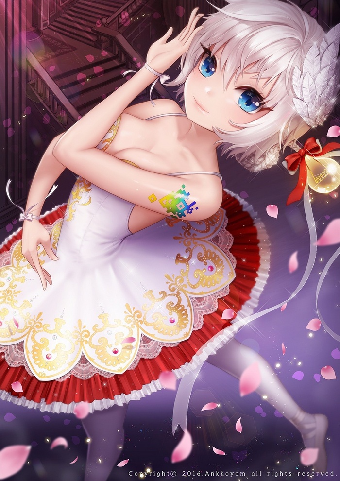 Anime girl in a white and red ballet dress with short hair