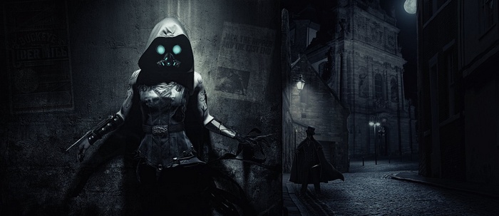 Steampunk assassin with glowing eyes in a dark alley