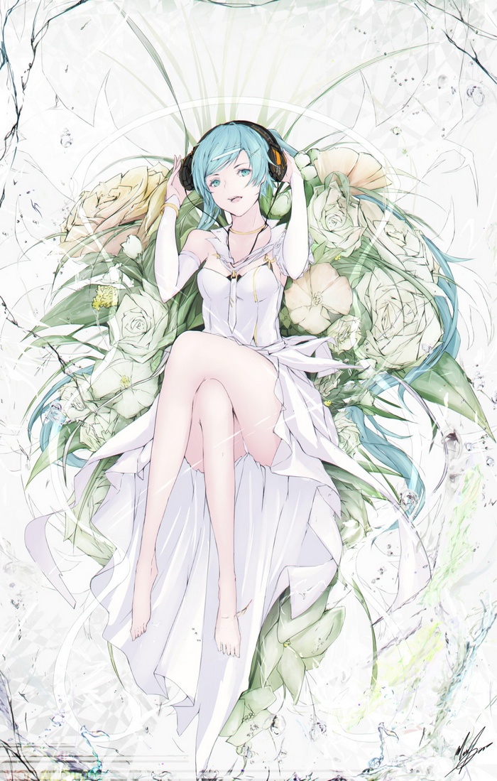 Hatsune Miku in a white dress with headphones and flowers