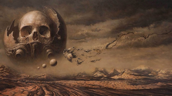Surreal skull and planets in a desolate landscape