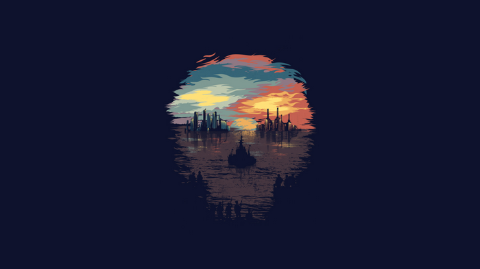 Skull silhouette with city and ship reflection