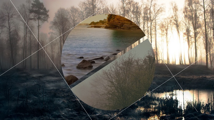 Digital art with trees, water, and geometric lines