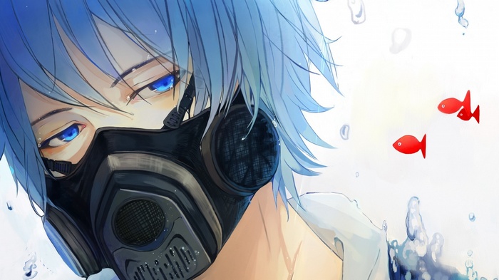 Anime boy with blue hair and gas mask