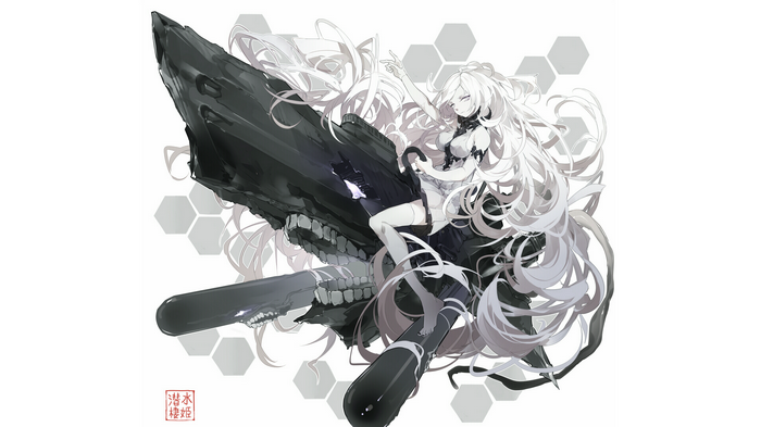 Anime girl with white hair and a large weapon