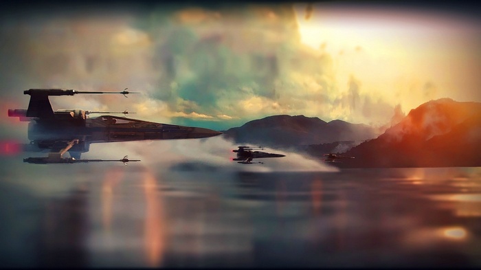 Star Wars X-wings flying over a lake at sunset