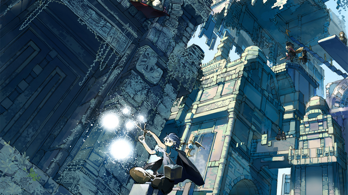 Anime characters in a fantasy city with magic