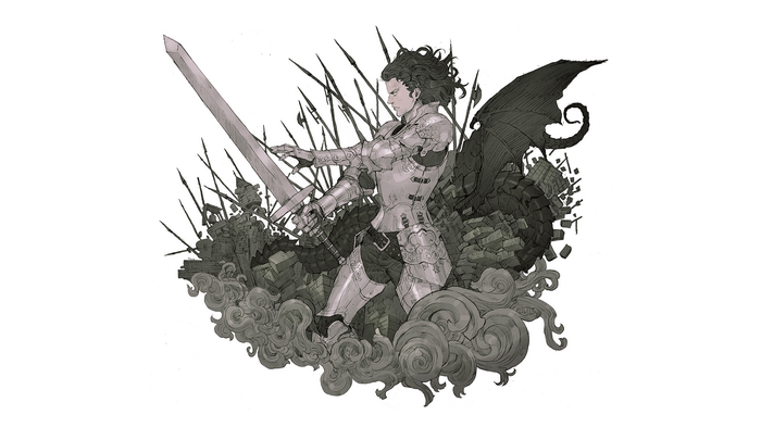 Warrior with sword and dragon wing in battle