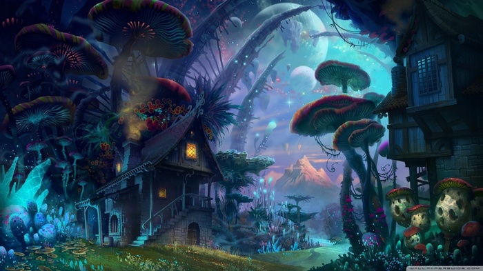 Fantasy art of a surreal mushroom forest with houses