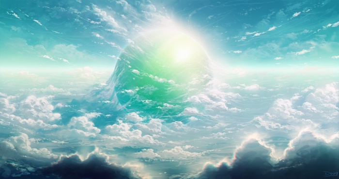 Fantasy art of a glowing planet in the clouds