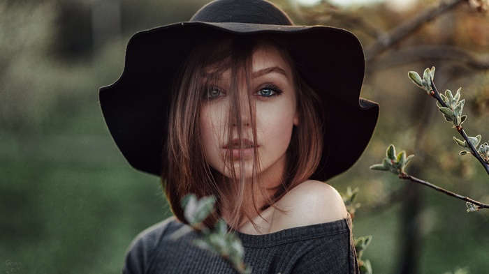 women outdoors, women, smoky eyes, Georgy Chernyadyev, portrait, brunette, hat, hair in face, Olya Pushkina, sweater, blue eyes, face