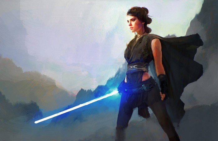 Rey with a blue lightsaber in a mountainous landscape