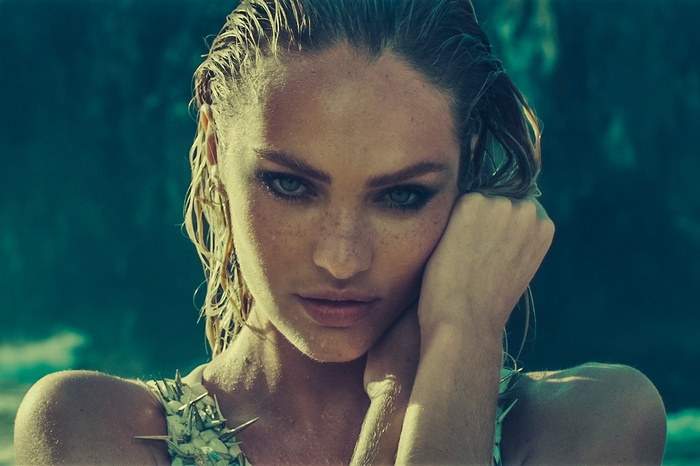 Candice Swanepoel with green eyes and blonde hair