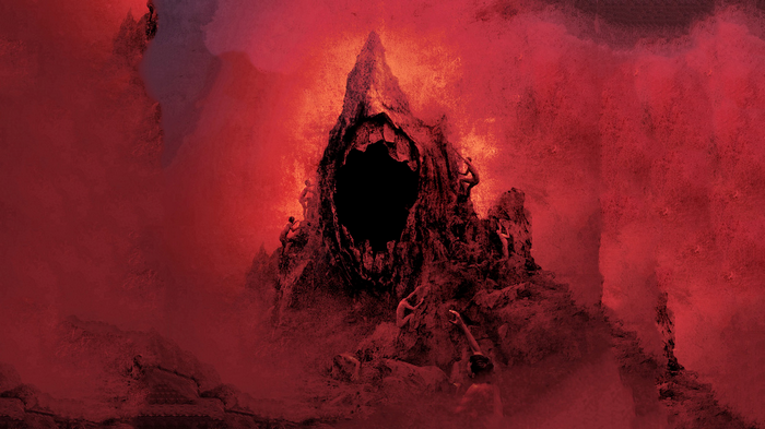 Fantasy art of a dark cave entrance with figures