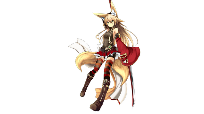 Anime girl with fox ears and tail holding a katana