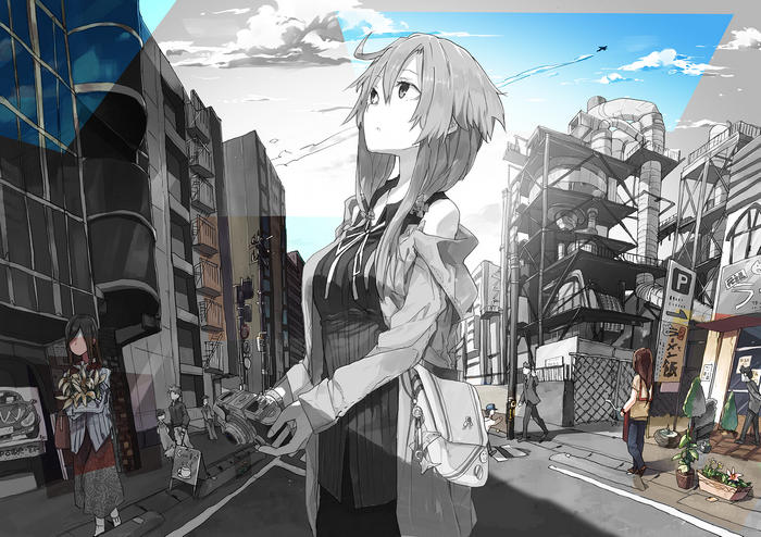 Anime girl with camera in a city street