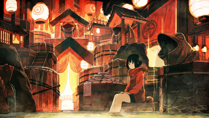 Anime girl in red hoodie at a Japanese hot spring